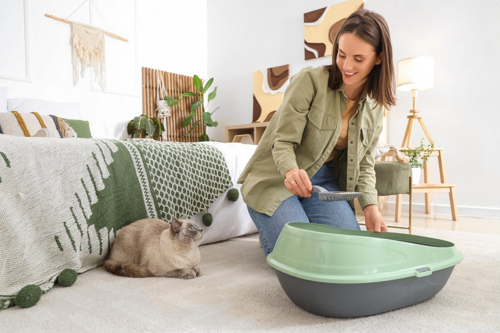 Young woman with British Shorthair cat cleaning scented litter box in bedroom